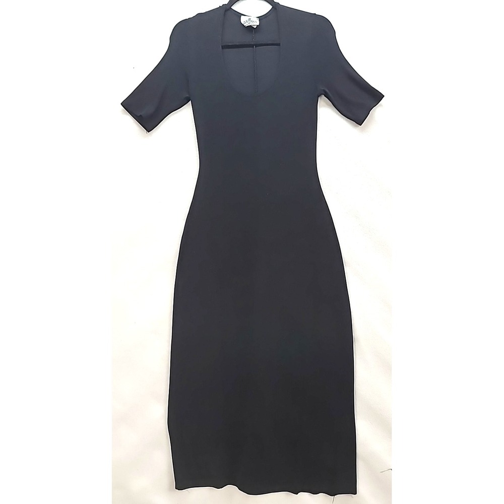 Vtg Jananas Liquid Knit Black Stretch Maxi Fitted Dress Bodycon S/M Y2K Goth
